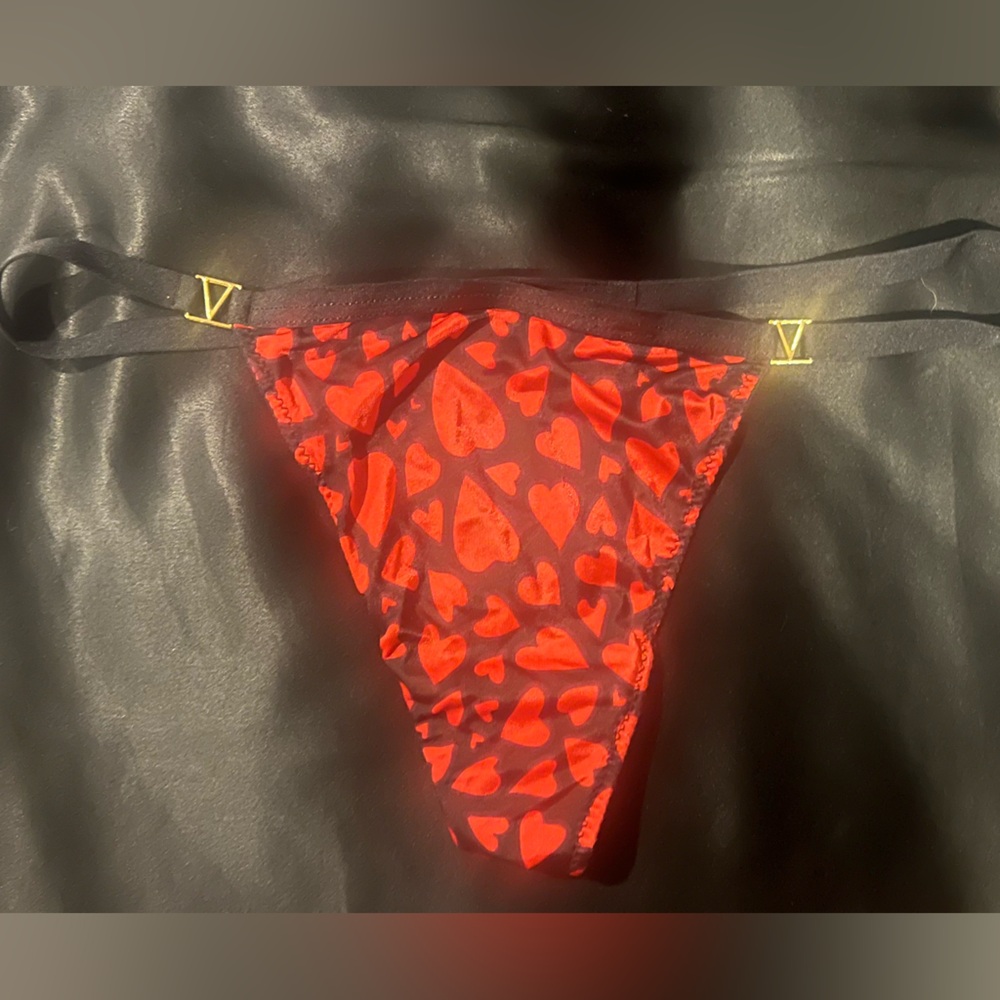 Vs very sexy satin V string red hearts detail gold logo on front.  size small.